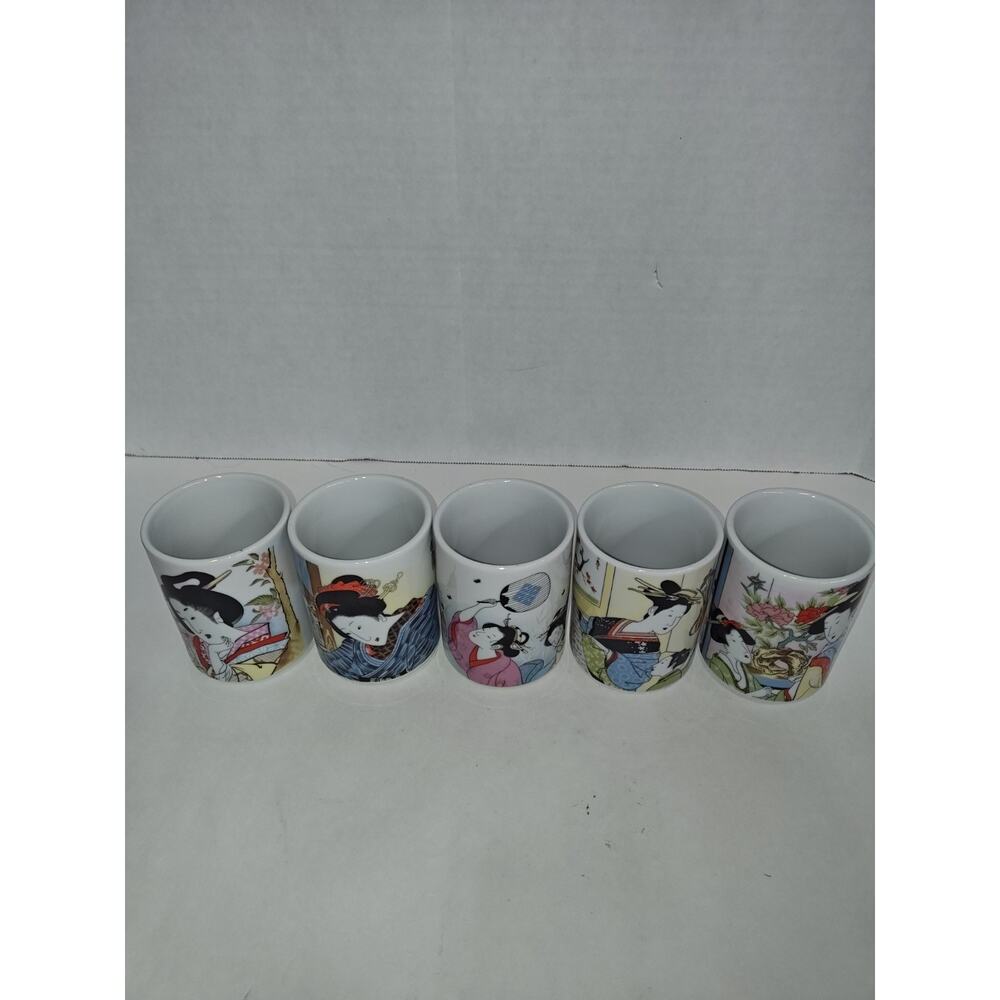 Vintage Japanese Geisha Scenery Cup Set Of 5 Tea Sake Cups Ceramic Porcelain